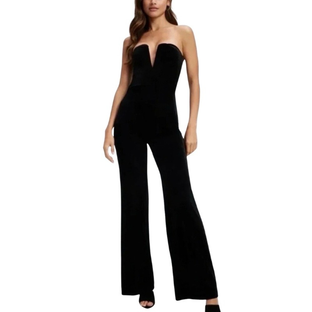 Good American Fit For Success Strapless Velvet Jumpsuit Black Size 4 / XL NWT